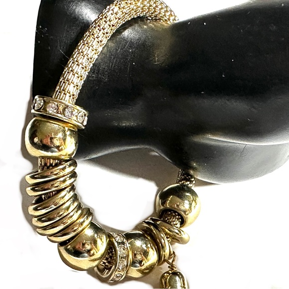 Gold Tone Mesh Stretch Bracelet Tassel & Sliding Charms Tiny Rhinestones - Picture 6 of 6